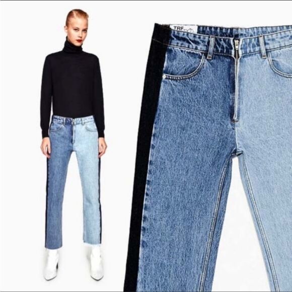 Zara Denim - Zara Trf Patchwork Two-tone Jeans Size 6 Mid Rise Row Hem Straight Leg Like New